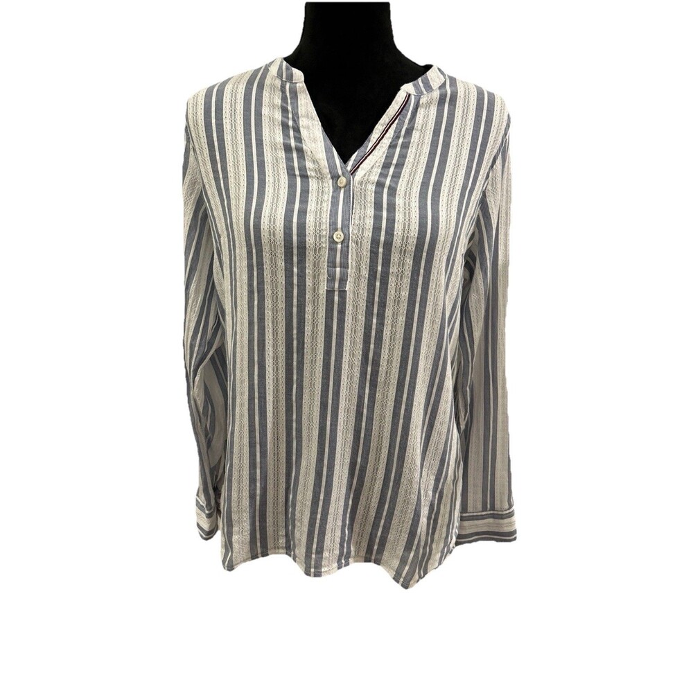 Tommy Hilfiger Womens M Top Blue White Striped Lace Roll Tab Sleeve 100% Cotton